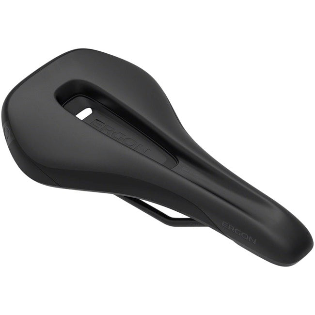 Ergon SM Enduro Saddle in Stealth (Men's Small/Medium) with central cutout for comfort, angled on a white background.